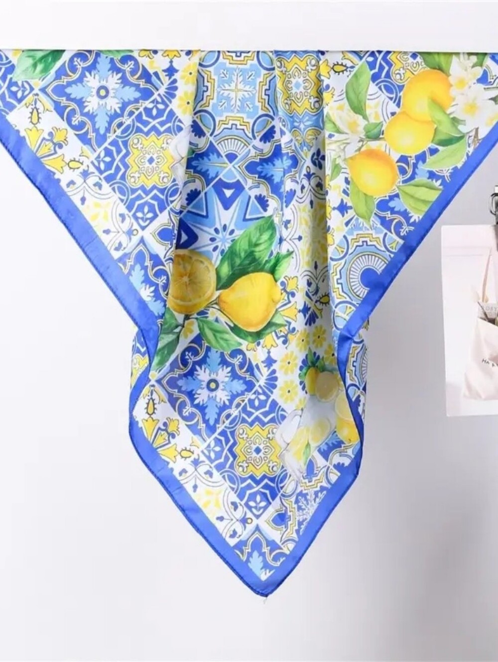 Vibrant Blue Lemon Print Silk Scarf